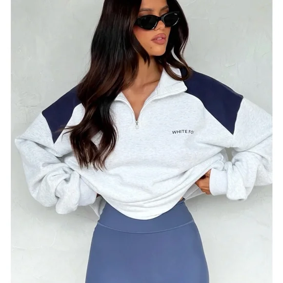 White Fox Boutique NWT It's A Bad Idea Zip Front Sweater Grey - Picture 1 of 6